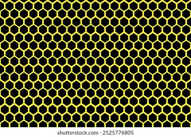 Un patrón de hexágonos negros sobre un fondo amarillo, creando un llamativo efecto de panal. Los hexágonos negros brillantes se destacan bruscamente, dando al diseño una sensación moderna, audaz e industrial.