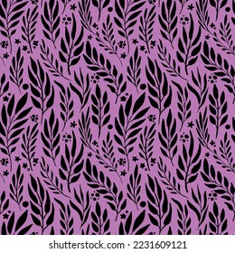A pattern of black leaves on a purple background. Vertical floral elements of curved shapes. Seamless vector image.