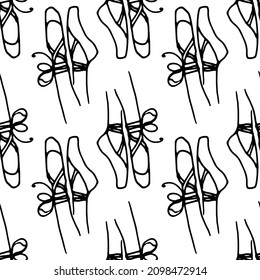 a pattern of the black line of the legs of a ballerina in pointe shoes with a bow. seamless pattern of a doodle-style black outline on white for a design template for labels, signage 