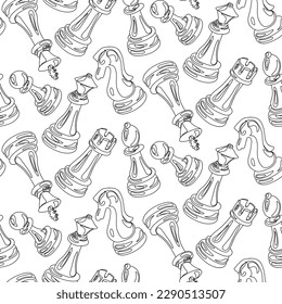 Pattern of black linear chess pieces, contour style, on a white background. Chess moves on a checkered board. Chess cartoon, chess board. Texture for printing on textiles and paper. Gift packaging