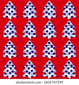 A pattern of black lines, doodles fills the shape of a white Christmas tree, dots on the tree as a decoration on a red background. Seamless vector pattern for festive cover and wrapping background.