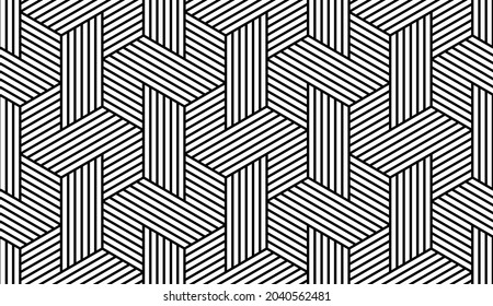 Pattern with black lines on white background forming stylish ornamental backdrop. Abstract seamless linear texture. Modern geometric ornament. Stylish swatch for vector design.