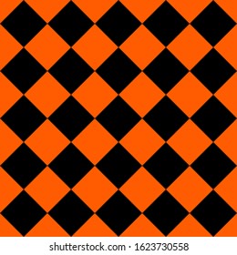 Pattern of black and orange rhombuses. Diagonal checkered background. Diagonal Chess pattern. Argyle plaid. Seamless fabric texture. Vector illustration