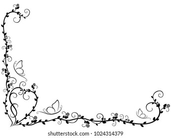 Pattern with black ornate floral elements on the white background, vector artwork