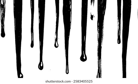 A pattern of black paint or ink dripping down against a white background, creating a striking contrast. The drips vary in length and thickness, adding a dynamic visual element.