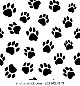 Pattern with black paw prints of a dog, cat on a white background in grunge style. Drawn with brush strokes, splashes, blots.