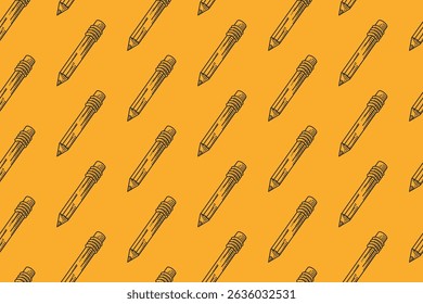 Pattern of black pencils on a yellow background, great for stationery branding, educational materials, school supplies ads, and office themed designs.