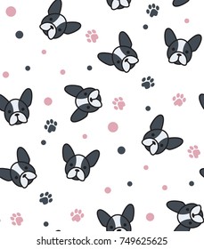 Pattern in black and pink colors with a French bulldog and dog tracks in hipster style