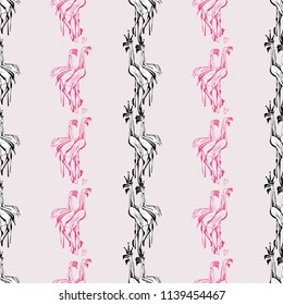 Pattern with black and pink flamingo. Vector background with kings and queens birds. Wild nature decoration on pink backdrop.