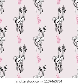Pattern with black and pink flamingo. Vector background with kings and queens birds. Wild nature decoration on pink backdrop.