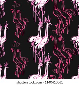 Pattern with black and pink flamingo. Vector background with kings and queens birds. Wild nature decoration on black backdrop.