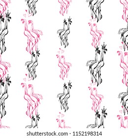 Pattern with black and pink flamingo. Vector background with kings and queens birds. Wild nature decoration on white backdrop.