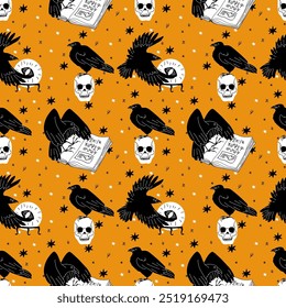 Pattern with black raven and occultism