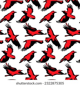 Un patrón de ravens negras con un resplandor rojo brillante desde el foco. Textura colorida sobre un fondo blanco para unas vacaciones. En el tema de Halloween. Impresión sobre textiles y papel, embalaje