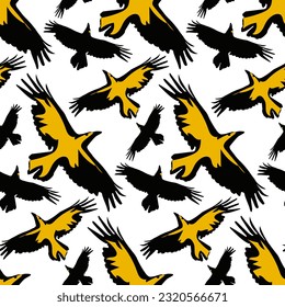 A pattern of black ravens with a bright yellow glow from the spotlight. Colorful texture on a white background for a holiday. In the Halloween theme. Printing on textiles and paper, packaging