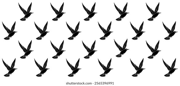 Pattern with black silhouette of birds flight in the white background