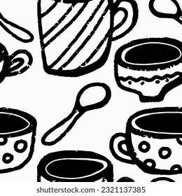 Pattern black silhouettes, cups and teapot in doodle style hand drawn, textured black outline, monochrome seamless vector pattern. For design, print, fabric, clothing, wallpaper, paper, etc.