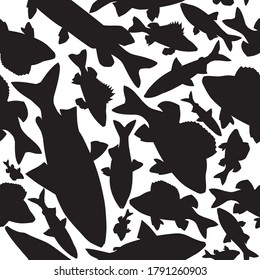 Pattern of black silhouettes of fish on a white background.