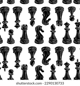 A pattern of black silhouettes and white lines of chess pieces, contour style, on a white background. Chess moves on a checkered board. Chess cartoon. Texture for printing on textiles and paper.