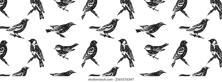 Pattern of black silhouettes of wild forest birds. Winter wild animal, tit, grosbeak, goldfinch, oriole. Isolated wild or garden chick of simple nature. Seamless vector background.