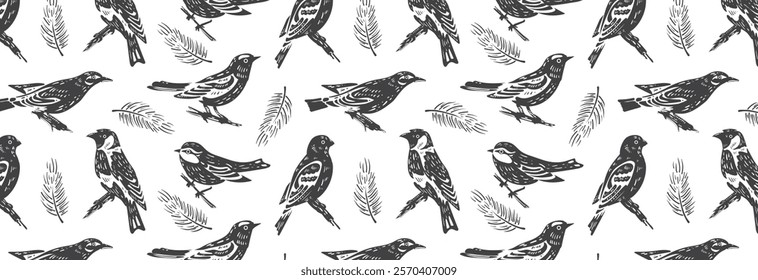 Pattern of black silhouettes of wild forest birds and fir branches. Songbirds, tit, grosbeak, goldfinch and oriole. Black engraving on fabric of nature motifs. Seamless vector background.