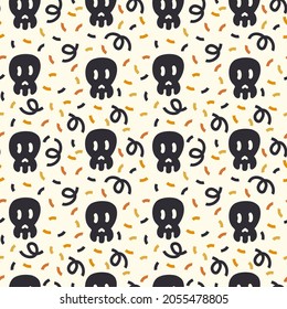 A pattern with a black skull for the day of the dead. The substrate is in black and orange autumn color. October is the background for doodle horror stories. Vector illustration