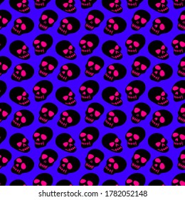 pattern of a black skull on a blue background. The pattern of the skull. Bright and colorful design for Halloween, Day of the dead. Vector illustration