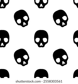 Pattern of black skulls on a white background, evenly spaced and oriented in various directions, ideal for Halloween or gothic-themed designs