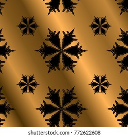A pattern with black snowflakes with a gold stroke on a gold background