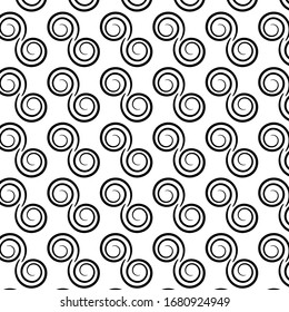 Pattern of black spiral motifs on white background. Suitable for decorations and textiles.