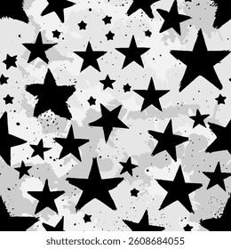 Pattern with black stars on a gray background in grunge style. Drawn with brush strokes, splashes, blots.