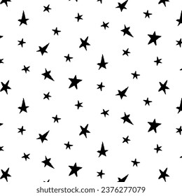 Pattern of black stars on a transparent background, seamless print for textiles and design. Wind painted with a brush