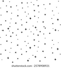  Pattern of black stars on a white background. The stars vary in size and design, with some appearing as simple dots while others have detailed, radiant spikes. The composition creates a sense of dept