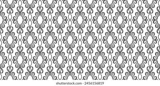 Un patrón de remolinos negros sobre un fondo blanco. Adorno de damasco sin costuras. Para la tela, el Fondo de pantalla, el papel de embalaje, el embalaje de vacaciones. Ilustración vectorial.