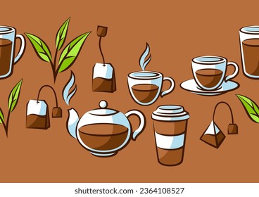 Pattern with black tea items. Background with tea and accessories, packs and kettles.