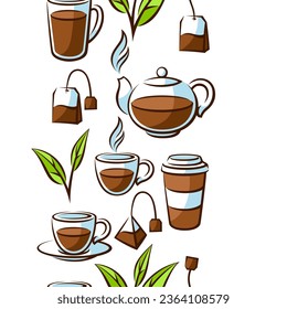 Pattern with black tea items. Background with tea and accessories, packs and kettles.