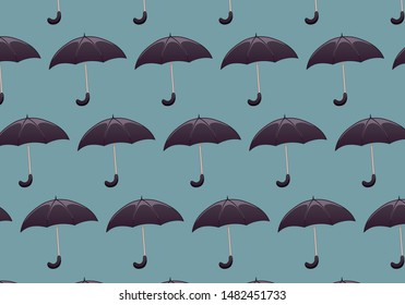 Pattern of black umbrellas on blue background. Vector.