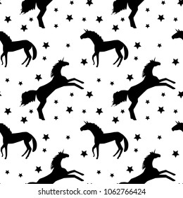 pattern black unicorn and stars on white background, vector illustration