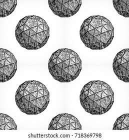 Pattern of black and white abstract spheres on white background.