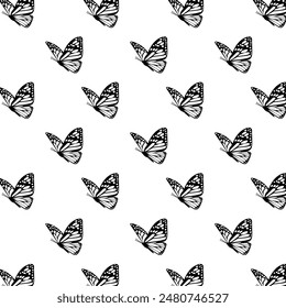 Pattern of Black and White Butterflies on White Background. Monochrome Minimalistic Flight. Lepidoptera Botanical Harmony. Wedding Decor. Ethereal Wings Overlay. Monarch Symmetry Graphic Design