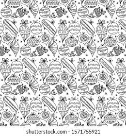 
Pattern with black and white Christmas toys and decorations