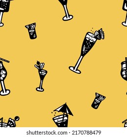 Pattern with black and white cocktails. Drinks with ice, fruits, berries, alcohol on a yellow background. Vector illustrations for cafe design, bar design, menu, decor, textile.