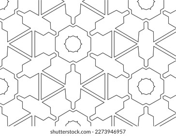 Patrón con líneas geométricas en blanco y negro sobre fondo blanco. Textura de ornamentos geométricos impecables. diseño de estilo árabe para tela, papel pintado, impresión, textil y envoltura.Vector monocromo.
