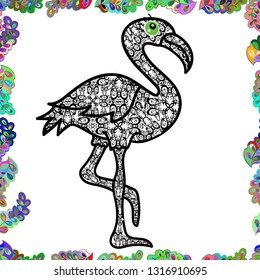 Pattern in black, white and green colors. Design for poster or print. Vector. Background for Fabric, Textile, Print and Invitation. Seamless with Flamingo bird.