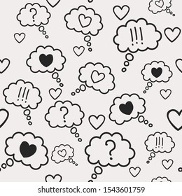 pattern black and white hearts, question marks, exclamation poins in clouds comic book style on a gray background