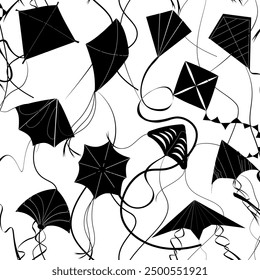 Patrón blanco negro con cometas voladoras para niños, vacaciones sankranti, Vector de patrón de pasatiempo, cometa de repetición sin costuras, ilustración de diseño de dibujos animados de vacaciones sankranti