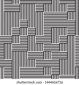 Pattern with black and white lines. Vector seamless pattern. Repeated geometric pattern with intersecting lines. The proportion between foreground and background (black and white lines) is 50%:50%