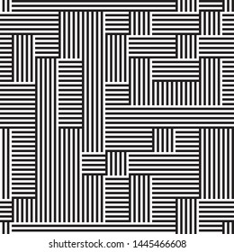 Pattern with black and white lines. Vector seamless pattern. Repeated geometric pattern with intersecting lines. The proportion between foreground and background (black and white lines) is 50%:50%.