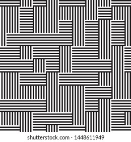 Pattern with black and white lines. Vector seamless pattern. Repeated geometric pattern with intersecting lines. The proportion between foreground and background (black and white lines) is 50%:50%.