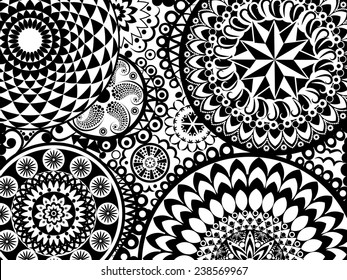 Pattern with black and white mandalas